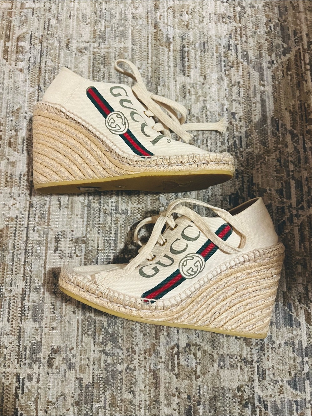 Gucci Cream Canvas Lace-Up Espadrille Sneakers